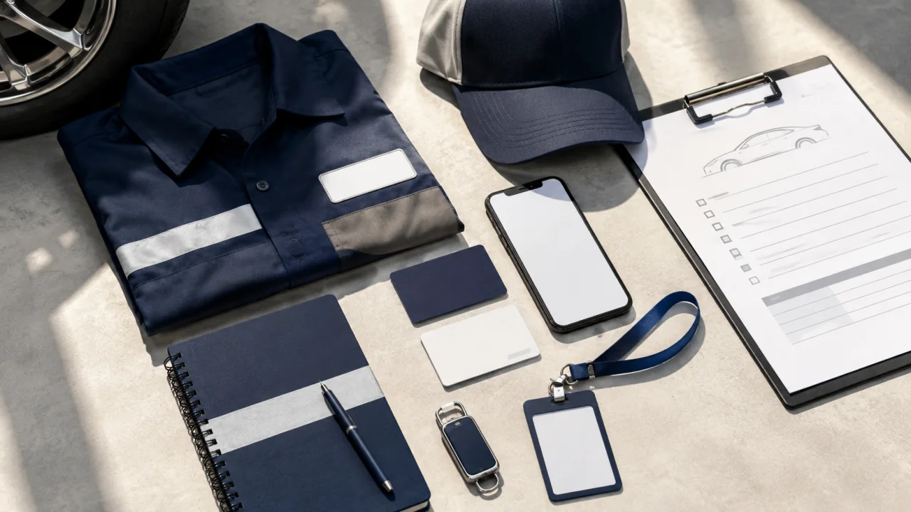 阳光工作台上的汽车VI基础物料、工服、服务单与手机页面模型
